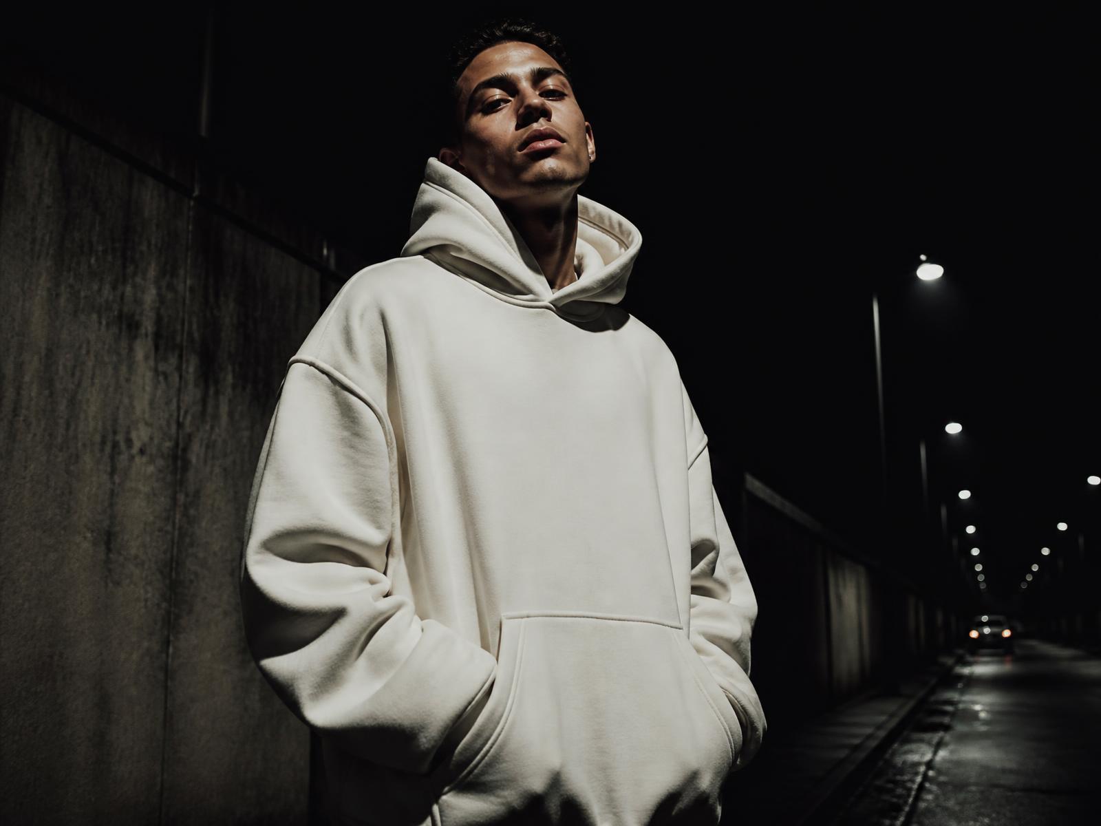 Modelo vestindo moletom oversized DhyShop em rua urbana à noite
